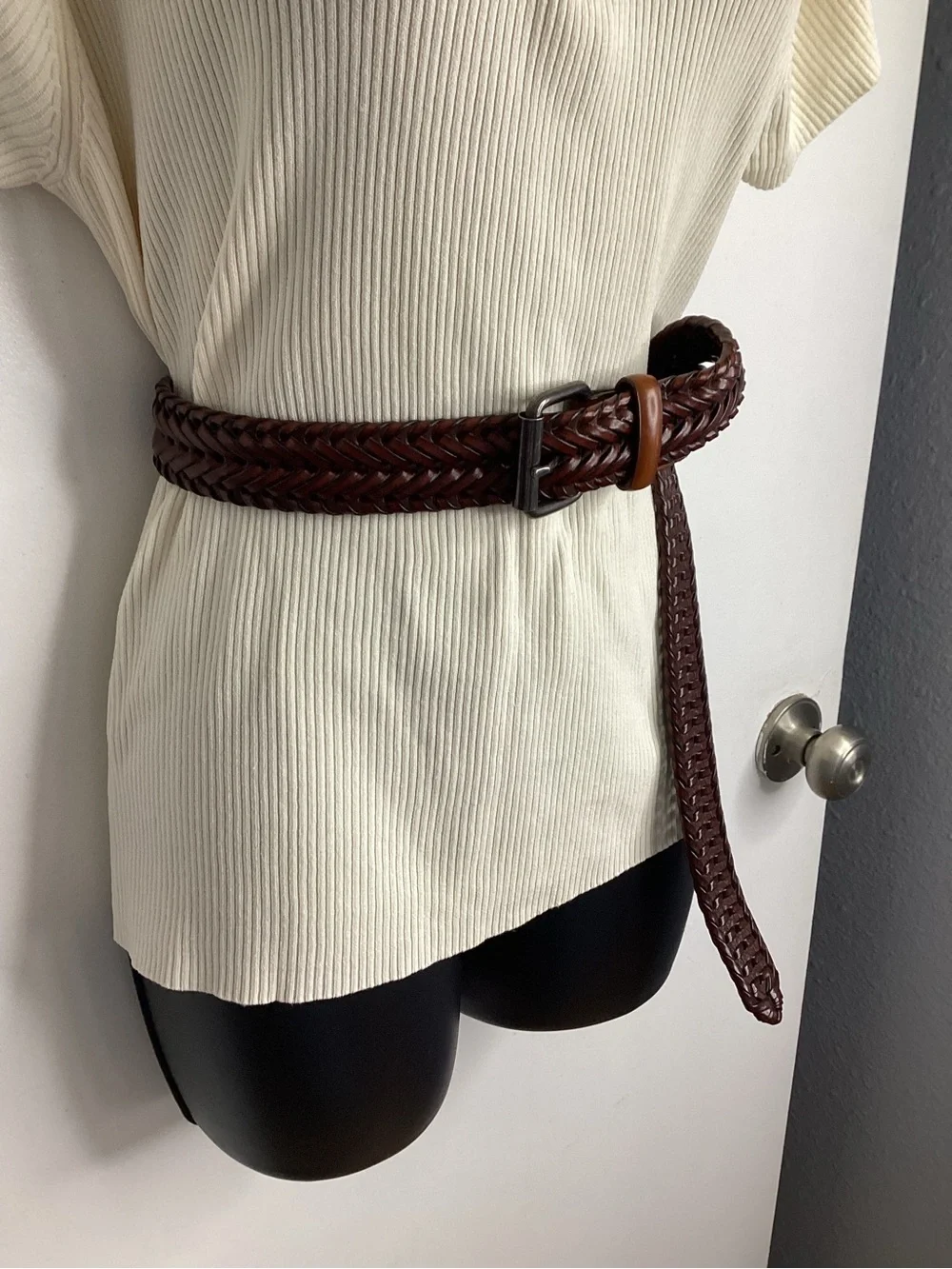 Braided Vegan Leather Belt in Brown with Silver Buckle